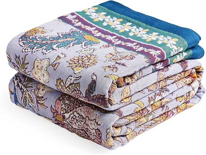 Boho Throw Blanket 91" x 98", 100% Organic Cotton Breathable Ultra Soft Bed Purple Quilt Throw - All Season Luxury Floral Farmhouse Decor Blanket for Sofa Couch Chair and Gift.