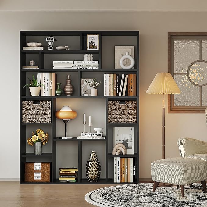 71” Tall Open Black Bookcase with Baskets, Free-Standing 6-Tier Wooden Display Storage Bookshelves with 16 Irregular Cubes for Living Room, Home Decor