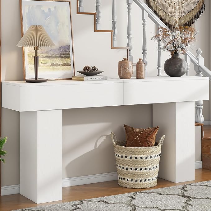 63 Inch Long Console Table for Entryway, Farmhouse Wood Rectangular Sofa Table Behind Couch Table, Narrow Entryway Table for Living Room, Entrance, Hallway, Foyer, Easy Assembly (Classic White)