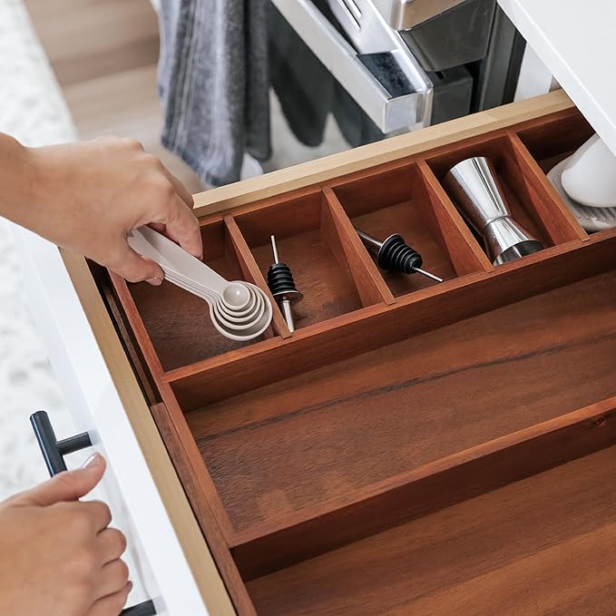 Adjustable Kitchen Drawer Organizer for Utensils and Junk, Food-Safe Contract Grade with 100% Sustainable Wood, Non-Slip, Expandable from 10.5 to 18.5 Inches Wide - Natural Acacia