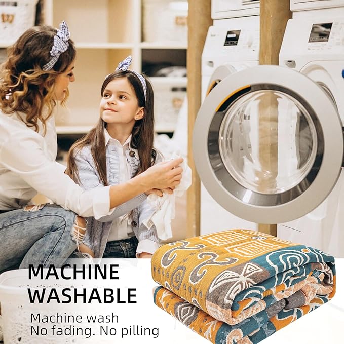 Boho Throw Blanket for Bed - 100% Pure Cotton Ultra Soft Rustic Quilt - Farmhouse Decor Bed Blankets, All Season Rustic Throw for Sofa Couch Chair(91''x 98'', Art Squares)