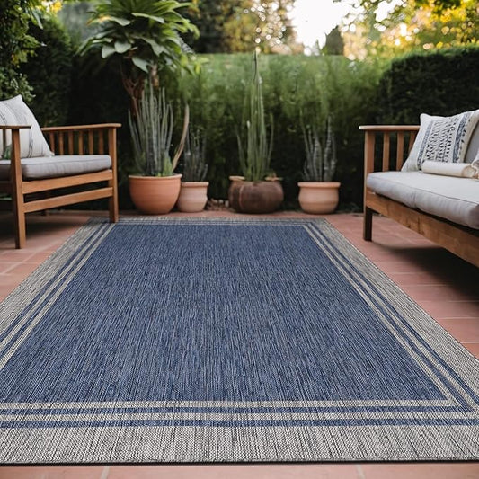 Bordered Outdoor Rug 10x14 Washable Outside Carpet for Indoor Patio Porch Waterproof Easy Cleaning Non Shedding Area Rugs Navy 10 x 14
