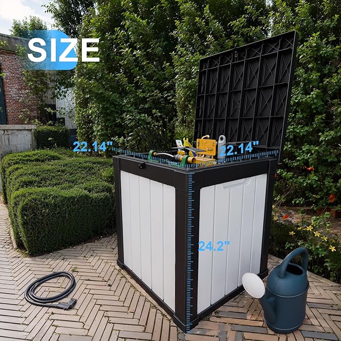 50 Gallon Deck Box Large Outdoor Storage for Patio Furniture,Outdoor Cushions,Garden Tools and Pool Supplies,Waterproof,Resin,Lockable(Black-White)