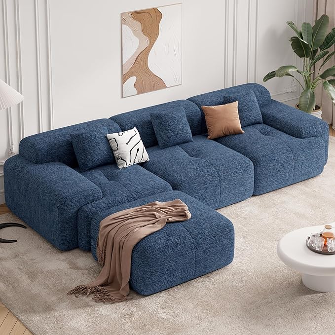 122" Modern L Shaped Modular Sectional Sofa, Boneless Couches for Living Room with Ottoman,4 Seater Convertible Chenille Cloud Couch Sofa Set, No Assembly Required, Blue 1 PCS