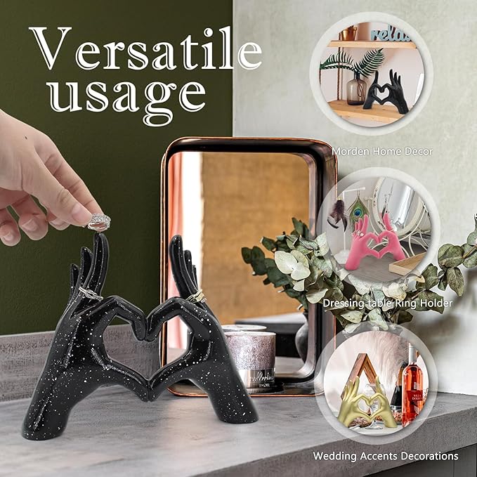 Accessoryway Black Heart Hands Decor Sculpture,Small Love Finger Gesture Decorative Sculpture for Wedding Dresser Shelves Desktop Knick Knacks Home Decor & Ring-Holder Display Stand