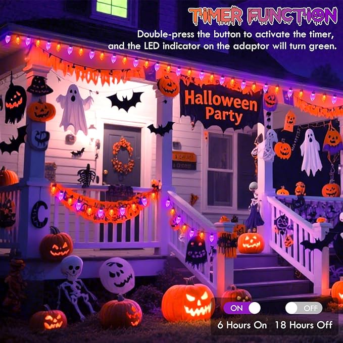 2PK 100 LED Purple and Orange C9 Halloween Lights Indoor Outdoor, Extendable 98FT C9 String Lights with 13 Modes & Timer, Waterproof Plug in Halloween Decorations for Tree Patio Fall Party Garden