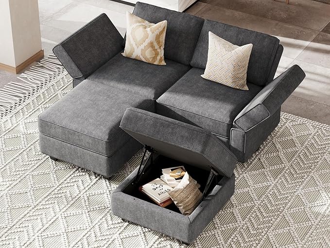 Bellfin Modular Sectional Sleeper Sofa Convertible Sofas with Storage Ottomans Small Sectional Couches for Living Room. Dark Grey Couch