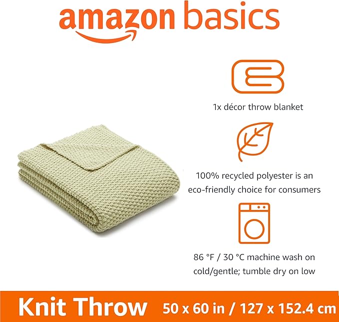 Amazon Basics Chunky Cable Knit Throw Blanket for Couch, Sofa, Bed, Lightweight Soft Cozy, Sage Green, 50"x 60"