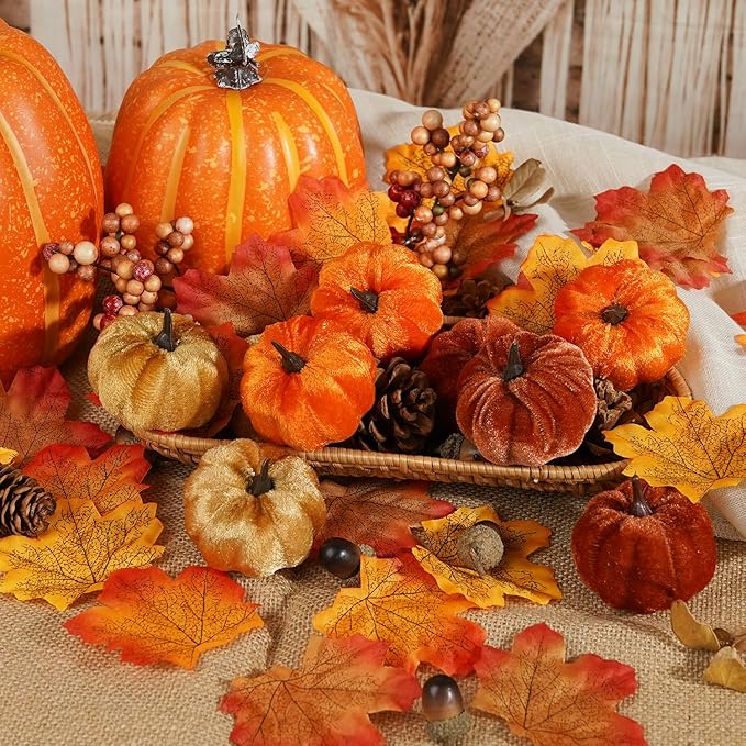 Artmag 51 PCS Artificial Fabric Pumpkins, Fall Harvest Decorations with Acorns, Pinecones, Berries, Maple Leaves for Fall Thansgiving Halloween Decoration