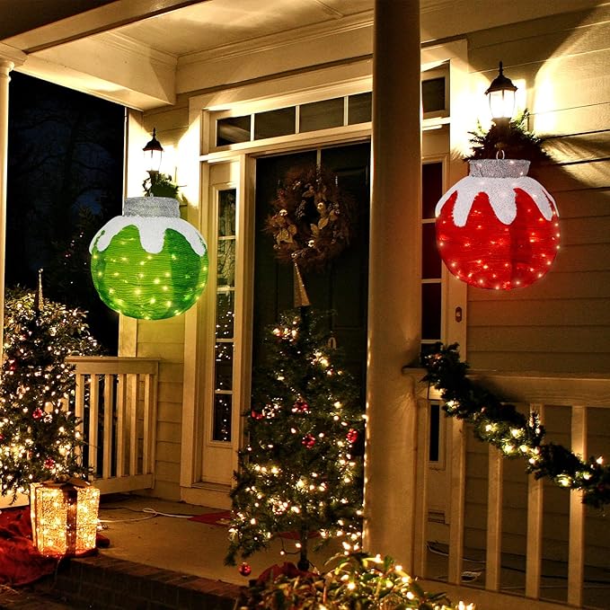 BRIGHTDECK 2 Pcs Outdoor Christmas Ornaments, Lighted Pop-Up Outdoor Holiday Ball Decoration with 80 LED Lights, 8 Light Modes, Lighted Collapsible Holiday Decorations for Yard, Home (RedGreen)