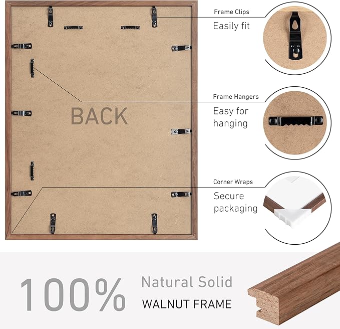 16x20 Picture Frame Set of 4 Natural Solid Walnut Photo Frames with 11x14 Removable Mat Wall Hanging Large Handcrafted Frame with HD Plexiglass Wall and Tabletop Display Large Poster Frame