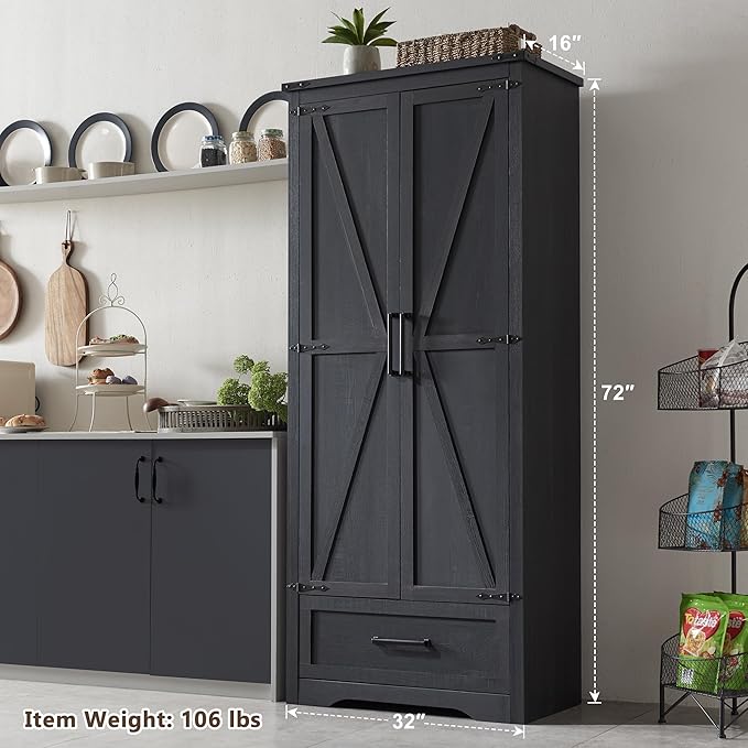 72" Tall Wood Storage Cabinet, Farmhouse Kitchen Pantry Cabinet with Adjustable Shelves & Drawer & Barn Doors, Versatile Storage for Kitchen, Dining Room, Bathroom, Black