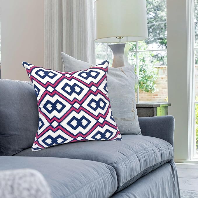 Alysheer Embroidered Decorative Throw Pillow Cover 18"x 18" Set of 2, Classic Boho Geometric Embroidery Pattern Cotton Rectangular Cushion Case for Sofa Couch Living Room Bedroom (Blue Pink)