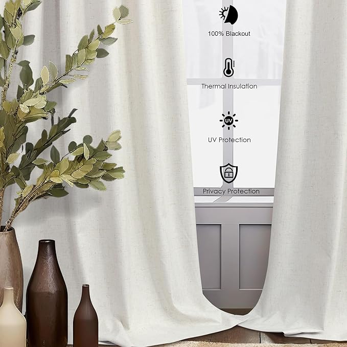 80 Inch Long Linen Blackout Curtains 2 Panels Set for 76-80 inch Window Drapes Back Tab Pleated Boho Room Darkening Thermal Curtains for Sliding Glass Door Custom Made Ivory Cream 52x80 in Length
