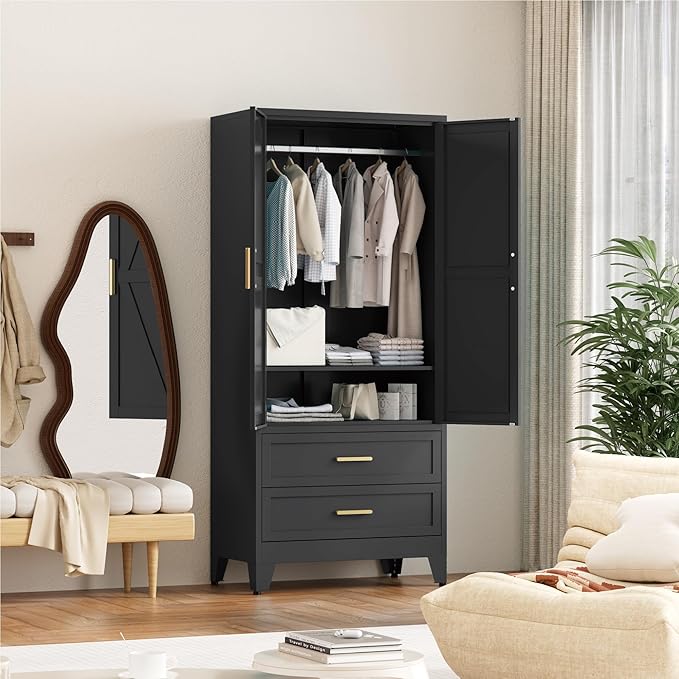 71'' Farmhouse Metal Wardrobe Cabinet with Hanging Rod, 2 Barn Door Wardrobe Closet with Adjustable Shelves,2 Drawer,for Dining Room,Bedroom,Living Room, Cloak Room,Office (Black)