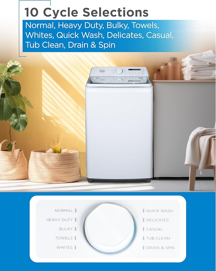 BLACK+DECKER 4.1 Cu. Ft. Top Loading Washing Machine with Agitator, Full Size Washing Machine with Glass Lid and Stainless Steel Tub, Machine with LED Display, 10 Wash Cycles, 120V, BTLW41MW, White
