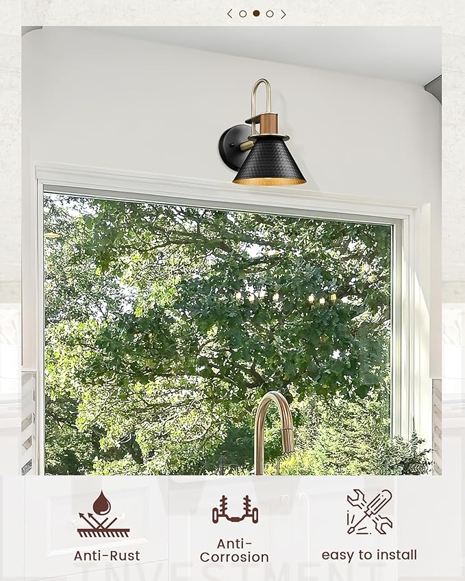 Black Wall Sconce, HWH Industrial Indoor Wall Light Fixture, Single Wall Vanity Light Gooseneck Barn Wall Lamp with Hammered Metal Shade, Black and Gold Finish, 5HZG74B BK+BG