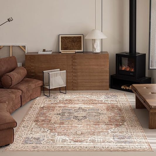 6'x9' Area Rug - Vintage Persian Medallion Design Low-Pile Faux Wool Rug, Non-Slip Backing, Machine Washable, for Living Room, Dining Room, Bedroom (Brick Red)