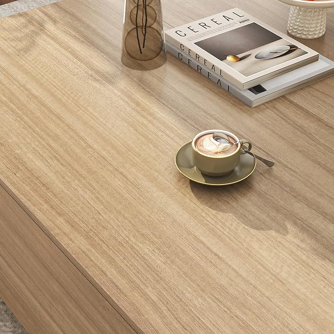 43” Square Coffee Table with Storage, 43" D x 43" W x 17" H Modern Large Square Center Table with 2 Drawers, Wood Coffee Table for Living Room, Light Brown,Bedroom,Light Brown