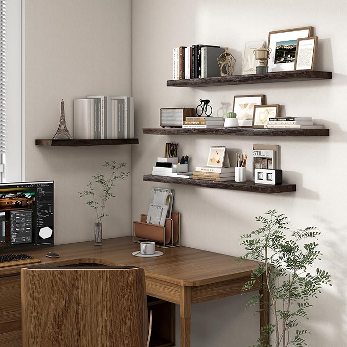 Axeman 32 inch Floating Shelves for Wall - 8'' D Live Edge Rustic Solid Elm Wood Floating Shelves Wall Mounted, Wall Shelves with Invisible Bracket for Living Room Bedroom Kitchen, Set of 2 Walnut