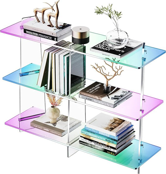 Acrylic Bookshelf, Small 3 Tier Open Bookcase for Small Spaces,Sofa Table, Hallway Entry Table for Home Living Room (Iridescent, 39.4" x 11.8" x 31.5)