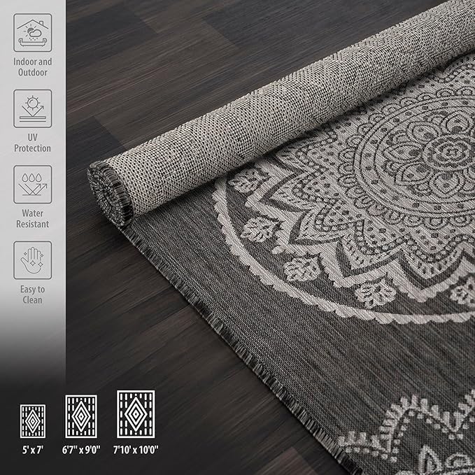 CAMILSON Outdoor Rug 5x7 Modern Area Rugs for Indoor and Outdoor Patios and Porches - Waterproof Washable Non-Shedding Easy-to-Clean Outside Carpet (5 x 7, Medallion - Dark Grey/Light Grey)