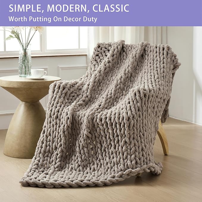 Bigacogo Chunky Knit Throw Blanket for Couch, 51x63 inches, 100% Hand Knitted with Thick Jumbo Chenille Yarn, Cozy Soft Large Rope Knot Cable Crochet Blankets for Sofa Bed Living Room, Taupe