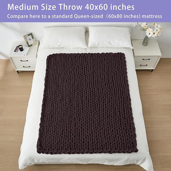 Bigacogo Chunky Knit Throw Blanket for Couch, 40x60 inches, 100% Hand Knitted with Thick Jumbo Chenille Yarn, Cozy Soft Large Rope Knot Cable Crochet Blankets for Sofa Bed Living Room, Chocolate