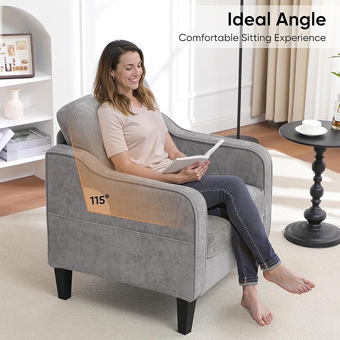 Accent Chairs Set of 2, Upholstered Living Room Chairs with Side Pockets, Mid Century Modern Reading Chair for Bedroom, Comfy Armchair Single Sofa Side Chair for Office, Small Room, Light Grey