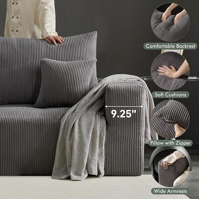 Boneless Sectional Cloud Couch Sofa for Living Room, 112" U-Shaped Modular Modern Lounge Sleeper Grey Couches with Chaise, No Assemble, Cordury Compression Upholstered Sofas