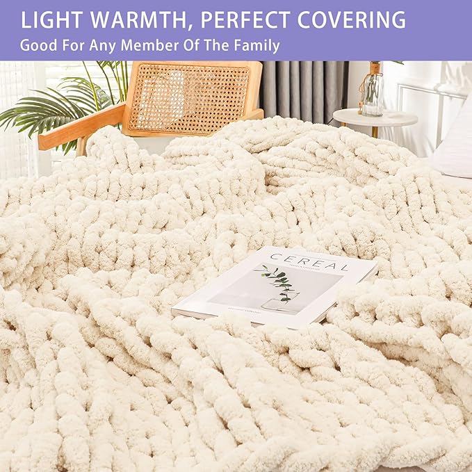 Bigacogo Chunky Knit Throw Blanket for Couch, 51x63 inches, 100% Hand Knitted with Thick Jumbo Chenille Yarn, Cozy Soft Large Rope Knot Cable Crochet Blankets for Sofa Bed Living Room, Beige