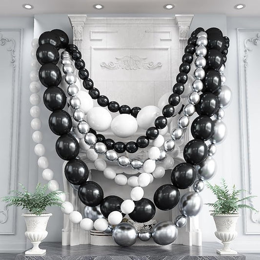 Black White and Gold Linking Balloons, 90PCS Black Gold and White Balloon Arch, Metallic Silver Quick Linked Connecting Balloon for Wedding Birthday Baby Shower Graduation New Year Party Decorations