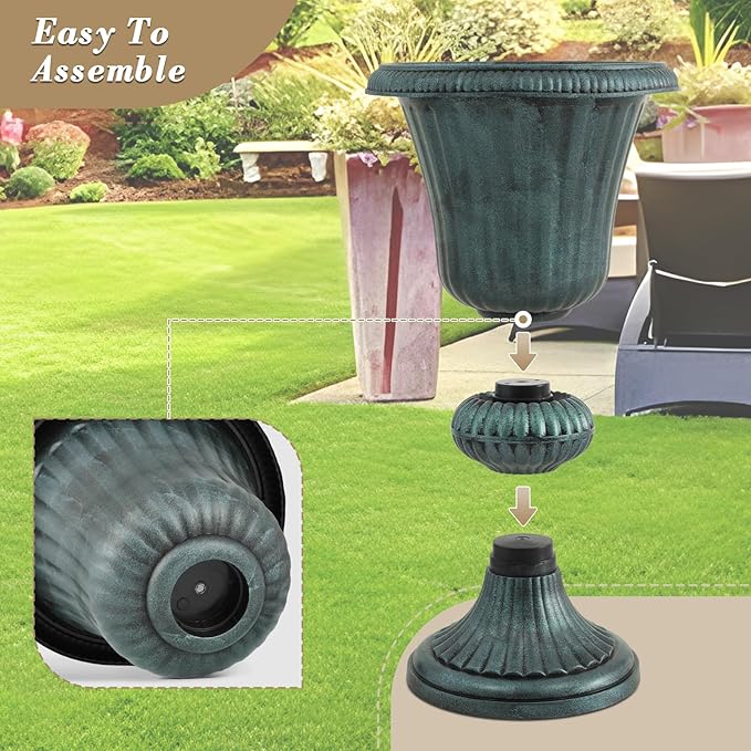 Athena Collection 20''H Garden Plastic Urn Vintage Tall Planter Urn Patio Large Flower Pot Porch Planter Large Planter for Indoor Outdoor Plant, Dark Green