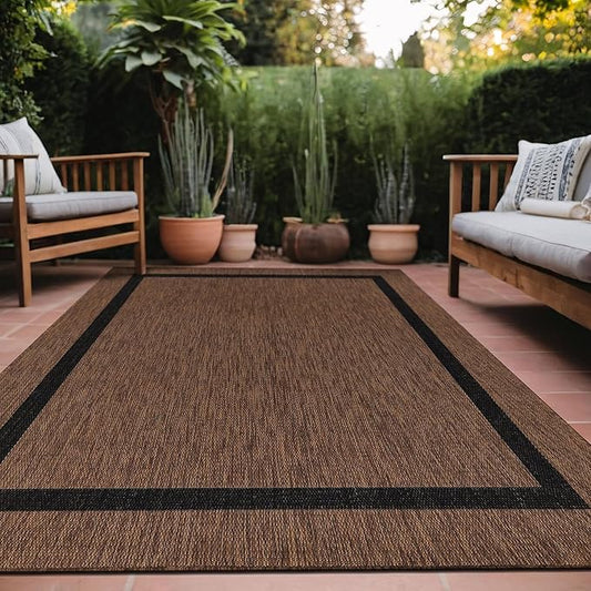 Bordered Outdoor Rug 6x9 Washable Outside Carpet for Indoor Patio Porch Waterproof Easy Cleaning Non Shedding Area Rugs Nut Brown - Black 6 x 9