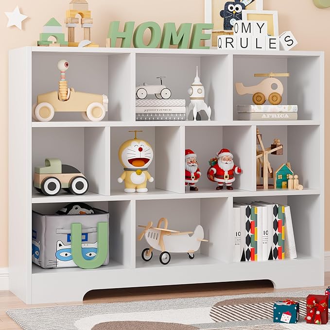 Book Shelf, 10 Cubes Storage Organizer, 3-Tier Open Shelf Wooden Bookcase, Freestanding White Bookshelf Cube Shelf for Bedroom, Living Room