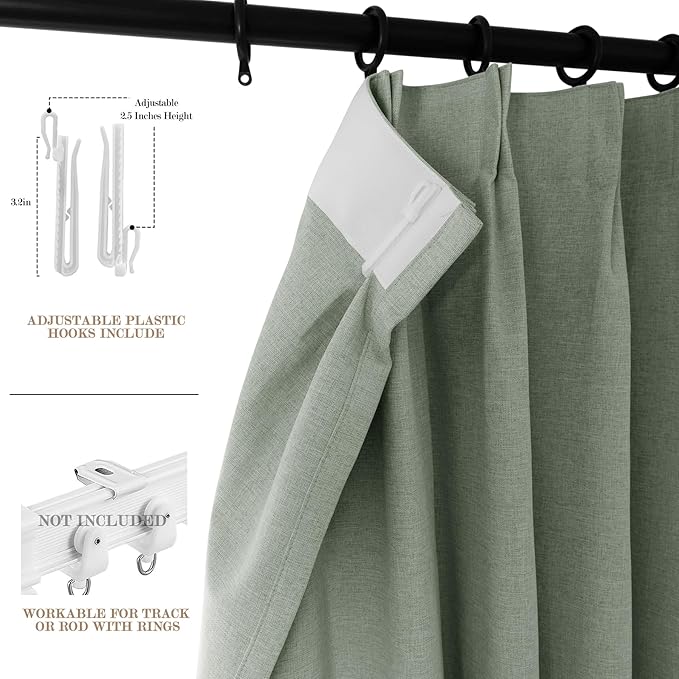 70" W x 108" L Faux Linen Room Divider Curtains, Full Blackout Pinch Pleated Drapes for Traverse Rod, Bedroom Divider Privacy Drapery with Hooks for Ceiling Track, 1 Panel, Fog Green