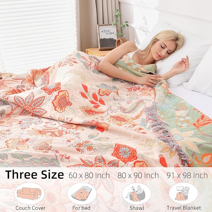 Boho Throw Blanket for Bed - 100% Pure Cotton Ultra Soft Rustic Quilt - Farmhouse Decor Bed Blankets, All Season Rustic Throw for Sofa Couch Chair(91''x 98'', Floral)