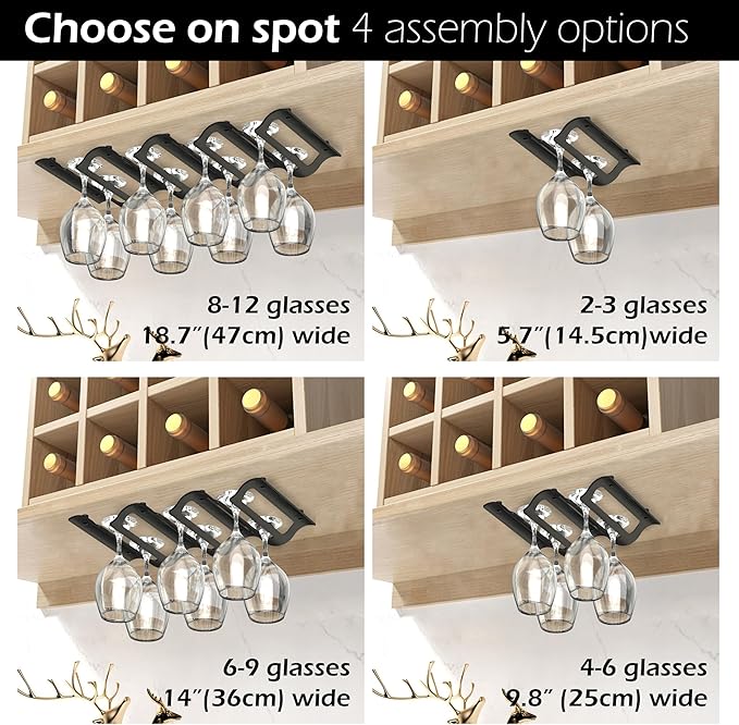 Bariboo Wine Glass Storage Case – Hang 8-12 Glasses on Your 18.7 x 9 x 1.7 In., Dust-Free Wine Glass Holder – Under-Shelf & Under-Cabinet Wine Glass Holder Rack with Assembly Manual & Video