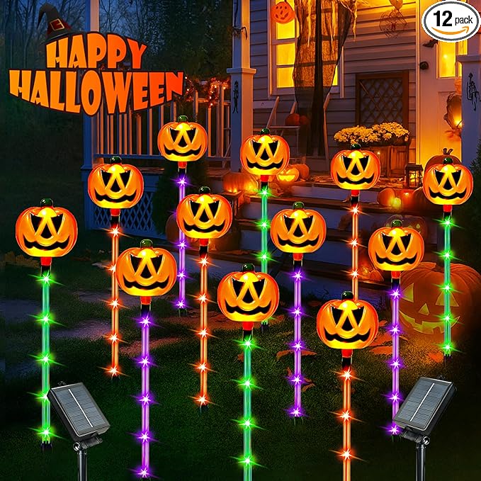 12 Pack Solar Pumpkin Lights for Halloween Decorations Outdoor, Waterproof Halloween Pathway Lights with 8 Modes, Orange Purple and Green Halloween Walkway Stake Lights for Yard Garden Party Decor