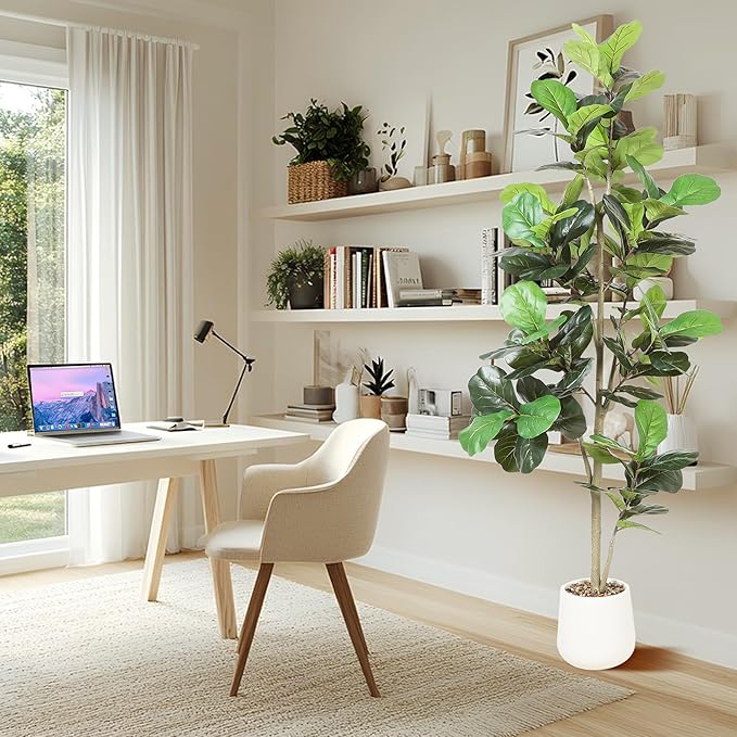 Artificial Fiddle Leaf Tree, 7ft Faux Plant Fake Ficus Lyrata Trees with White Planter, Artificial Fig Trees Floor Plants for House Office Living Room Indoor Home Decor, Housewarming Gift
