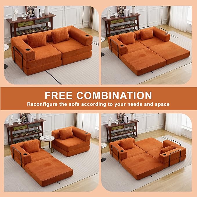 78" W Loveseat Sofa, 4 in 1 Convertible Floor Sofa Bed, Boneless Cloud Couch with Cup Holder, Fold Out Floor Couch, Loveseat Recliner Sleeper for Living Room Bedroom Lounge(Corduroy, White)