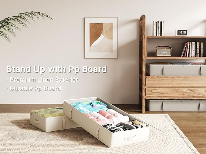 2-Pack Under Bed Storage Containers, 8 Inches Tall Underbed Clothes Storage Organizer Bin with Sturdy Sidewalls/Bottom, Under the Bed Storage Bags 2 Storage Bins, Beige