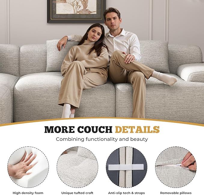122" Modern L Shaped Modular Sectional Sofa, Boneless Couches for Living Room with Ottoman,4 Seater Convertible Chenille Cloud Couch Sofa Set, No Assembly Required, Beige 1 PCS
