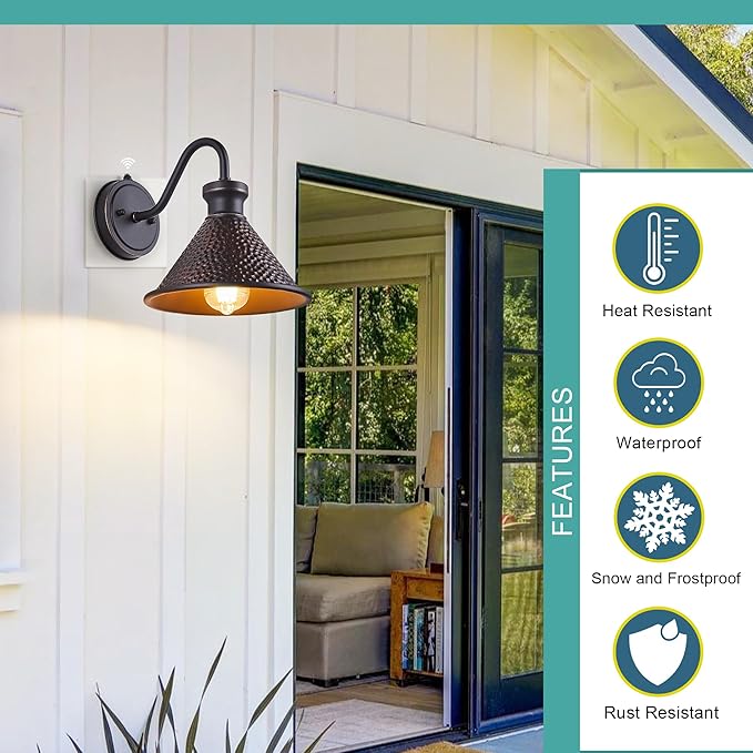 2 Pack Dusk to Dawn Outdoor Wall Light Fixtures Photocell Sensor, Exterior Sconce Light with Cast Hammered Aluminum Shade, Outside Wall Mount Lamp for House Patio Garage Entryway Doorway