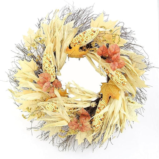 Admired By Nature Autumn Corn Husk Wreath - 26" Natural Fall Color Artificial Wreath - For Home Decor, Offices, Weddings, Events, Parties, Thanksgiving