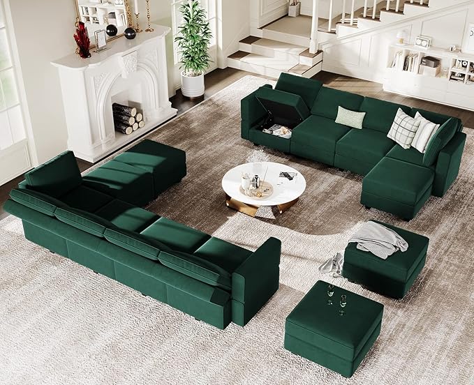Belffin Modular Sectional Sofa with Storage Seats Velvet L Shaped Corner Couch Convertible Sectional Sofa with Chaise (Green, L Shape-1)…