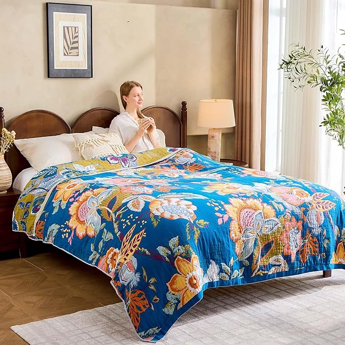 Boho Throw Blanket, Blue Lightweight Blankets for Summer, 100% Cotton Bohemian Decorative Throw Blanket, 50"x60" Reversible Muslin Breathable Woven Farmhouse Blankets Quilt,