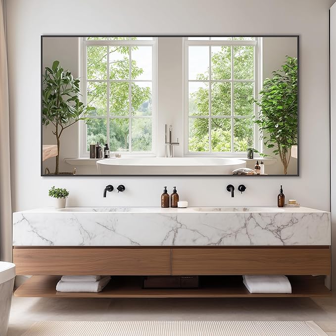 Bathroom Mirror 55" x 30", Large Rectangle Wall Mirror, Black Metal Frame Wall Mounted Mirrors for Bathroom, Vanity, Bedroom, Entryway Decor(Horizontal/Vertical)