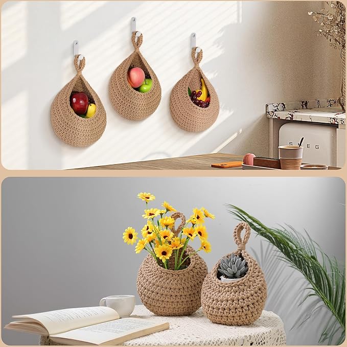AARAINBOW Boho Wall Hanging Baskets for Kitchen Storage, Fruit Woven Wall Basket 9 Pcs, Hanging Vegetable and Onion Storage with 24 Hooks （Brown）