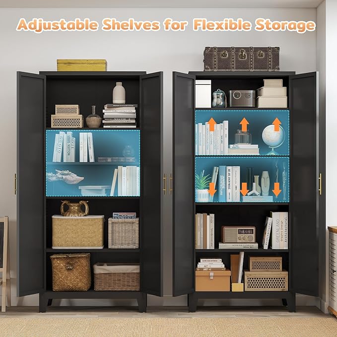 70.87" H Metal Kitchen Pantry Cabinet, Freestanding Cupboard with 2 Doors and 4 Adjustable Shelves, Tall Metal Storage Cabinet for Kitchen, Bathroom, Dinning Room or Laundry Room （Black）